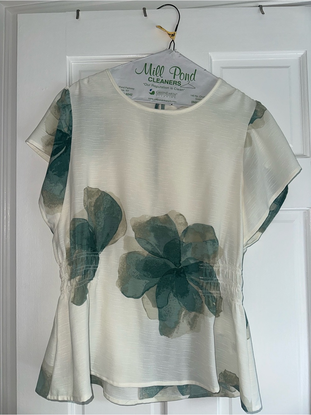 Nine West Cream Blouse with Teal Floral Print